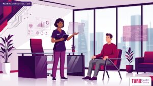 رسم توضيحي يظهر طبيباً يشرح أفضل أنواع عمليات التجميل للرجال لمريض في عيادة طبية حديثة 