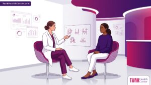 رسم توضيحي يظهر طبيباً يشرح أنواع عمليات التجميل للنساء داخل عيادة طبية حديثة وفخمة 