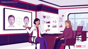 رسم توضيحي متقدم لطبيب يشرح خطوات ومزايا الجراحة التجميلية الترميمية لمريض داخل عيادة طبية فاخرة 