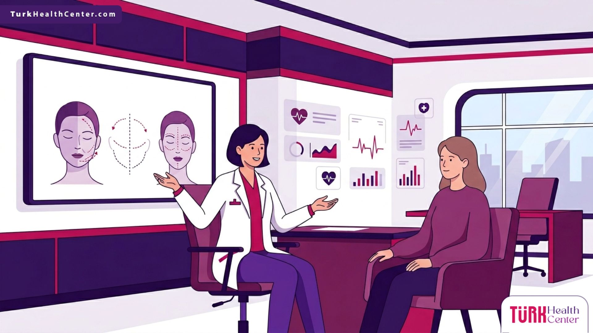 رسم توضيحي متقدم لطبيب يشرح خطوات ومزايا الجراحة التجميلية الترميمية لمريض داخل عيادة طبية فاخرة 