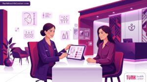 رسم توضيحي يظهر طبيباً يشرح تفاصيل تجارب عمليات التجميل لمريض في عيادة طبية فاخرة 