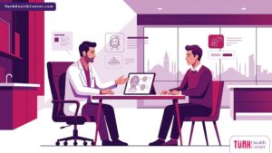 تصميم فكتور يوضح استشارة طبية في عيادة حديثة حول إجراءات تجميل الوجه للرجال في تركيا 