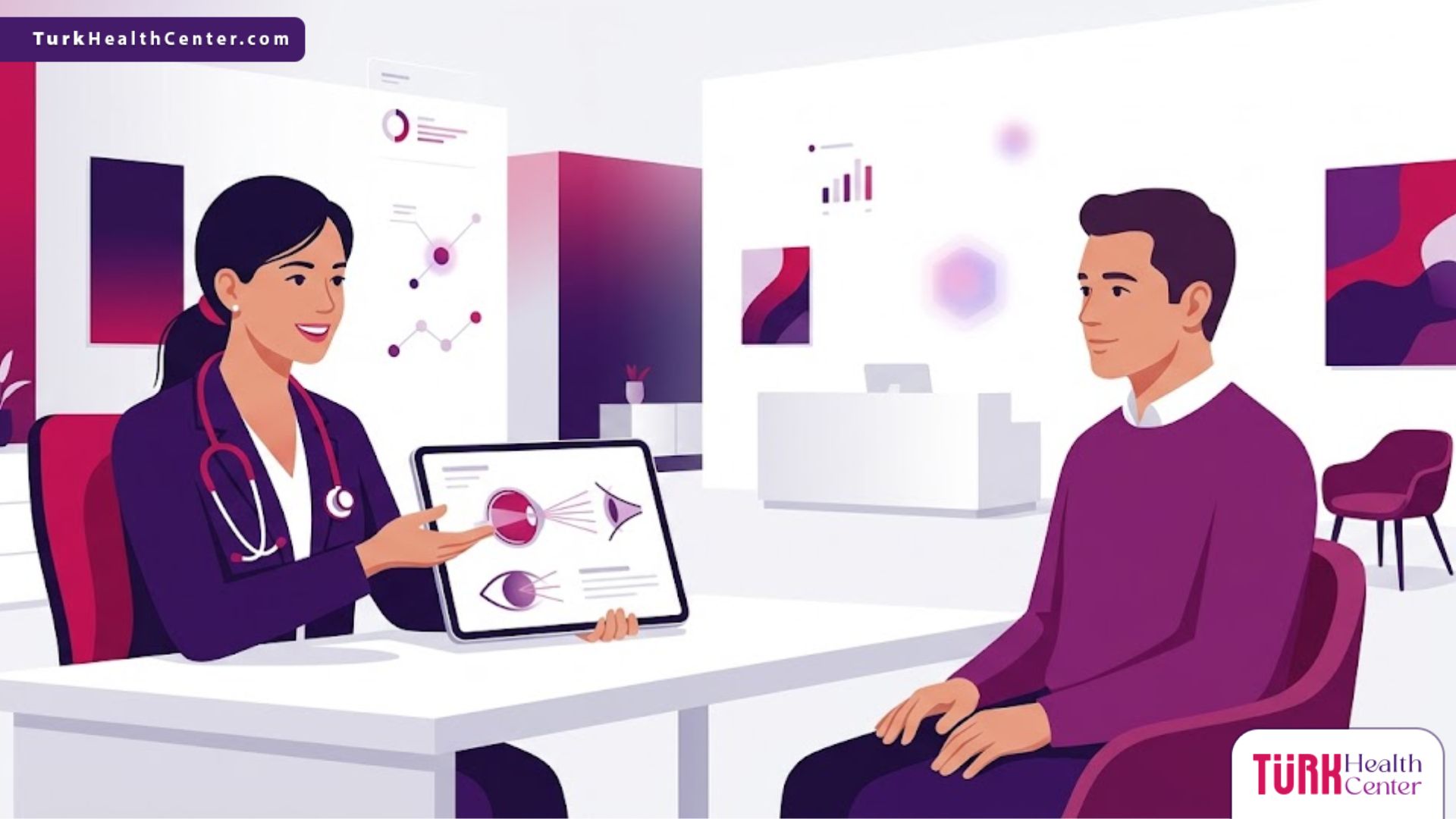 رسوم توضيحية لعيادة عيون حديثة تشرح تفاصيل أرخص سعر لعملية الليزك في تركيا