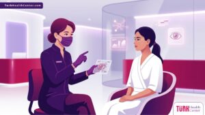 رسم توضيحي يظهر طبيب يشرح تقنية خيوط سحب العيون في تركيا للمريضة داخل عيادة فاخرة 