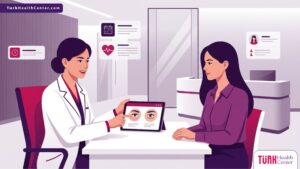 رسم توضيحي يظهر طبيباً يشرح خطوات إجراء فيلر تحت العين في تركيا لمريض داخل عيادة فاخرة 