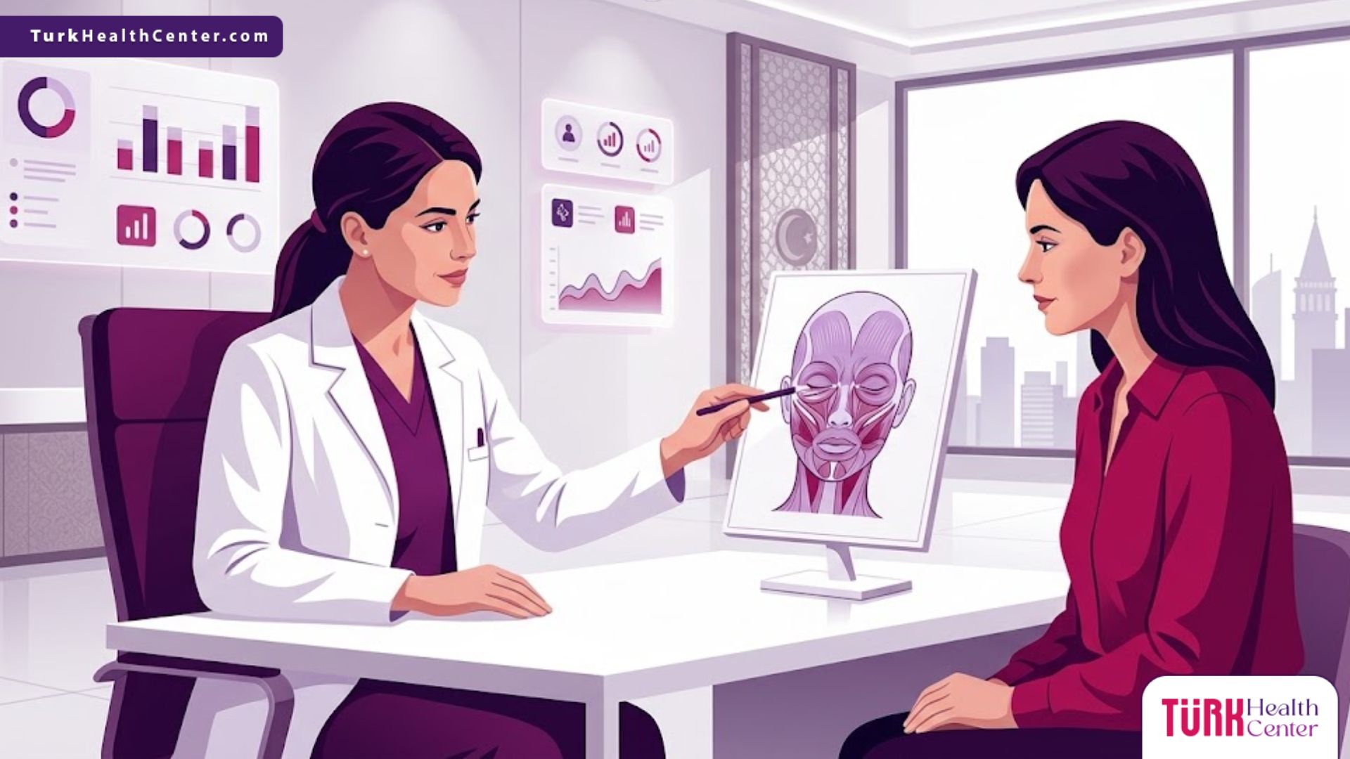 رسم توضيحي يظهر طبيب يشرح عملية بوتوكس حول العين في تركيا لمريضة داخل عيادة فاخرة