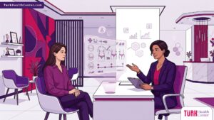 رسم توضيحي لطبيب يشرح خطوات تجميل ما بعد الولادة في تركيا لمريضة داخل عيادة حديثة