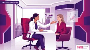 رسم توضيحي عصري لطبيب يشرح عملية تحديد الفك في تركيا لمريض داخل عيادة فاخرة بألوان أرجوانية 