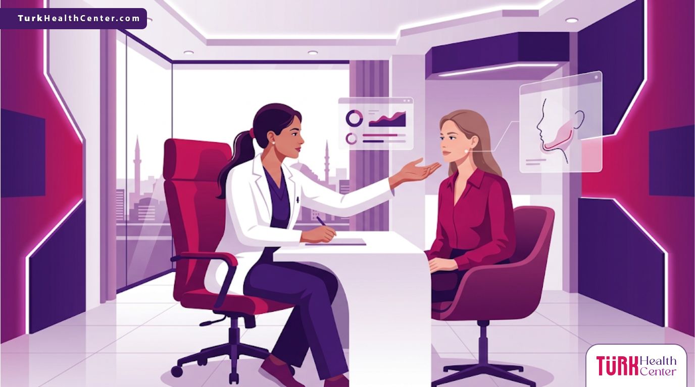 رسم توضيحي عصري لطبيب يشرح عملية تحديد الفك في تركيا لمريض داخل عيادة فاخرة بألوان أرجوانية 