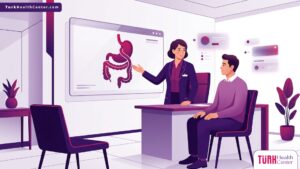 رسم توضيحي لعيادة طبية حديثة وطبيب يشرح تفاصيل إجراءات تحويل مسار المعدة في تركيا للمريض 