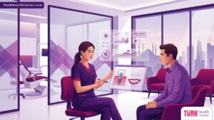 رسم توضيحي لعيادة طبية فاخرة تناقش إجراءات تركيبات الأسنان في تركيا 