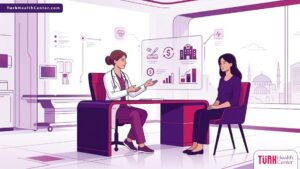 رسم توضيحي يظهر طبيباً يشرح تفاصيل تكلفة استئصال الثدي في تركيا لمريضة في عيادة حديثة فاخرة 