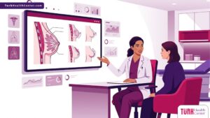رسوم توضيحية لعيادة طبية حديثة تناقش إجراءات تكلفة جراحات الثدي في تركيا مع مريضة 