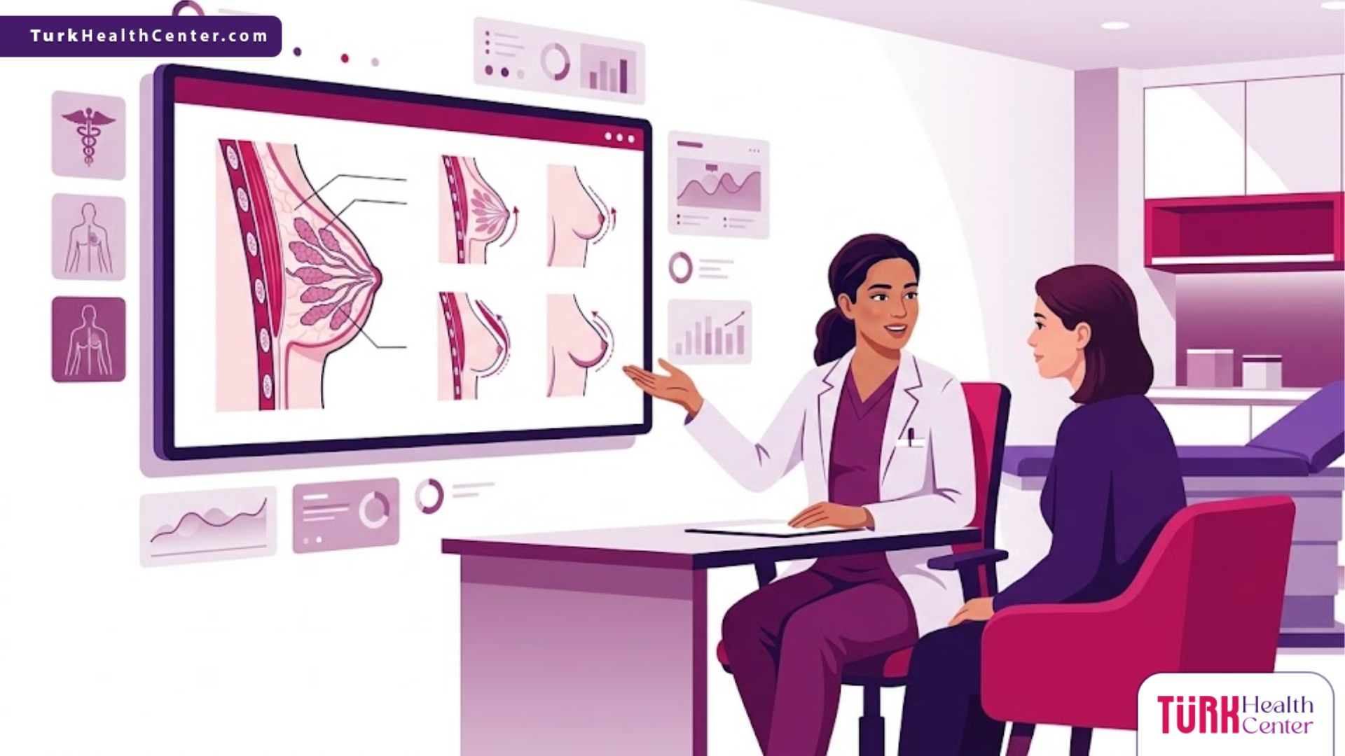 رسوم توضيحية لعيادة طبية حديثة تناقش إجراءات تكلفة جراحات الثدي في تركيا مع مريضة 