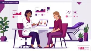 رسم توضيحي يوضح استشارة طبية حول تكلفة تكبير الثدي بحقن الدهون في عيادة فاخرة 