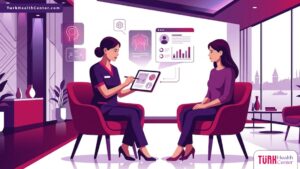 رسم توضيحي لطبيب يشرح تكلفة شد الثدي في تركيا للمريضة داخل عيادة فاخرة 