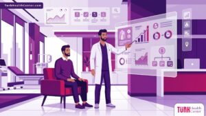 رسوم توضيحية عصرية لطبيب يشرح تكلفة علاج التثدي عند الرجال لمريض في عيادة فاخرة 