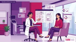 رسم توضيحي يظهر استشارة طبية احترافية حول تكلفة تكبير الثدي في تركيا داخل عيادة عصرية فاخرة 