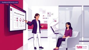 رسم توضيحي طبي يظهر استشارة حول تكلفة تصغير الثدي في تركيا في عيادة فاخرة بألوان أرجوانية عصرية 