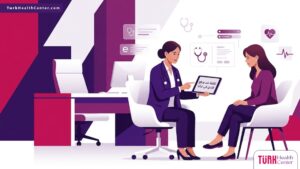 رسم توضيحي يظهر طبيبًا يشرح تفاصيل تكلفة شد ورفع الثدي في تركيا داخل عيادة فاخرة بألوان أرجوانية عصرية 