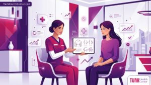 رسم توضيحي يظهر طبيب يشرح تفاصيل تكلفة جراحة الثدي في تركيا لمريضة في عيادة فاخرة 