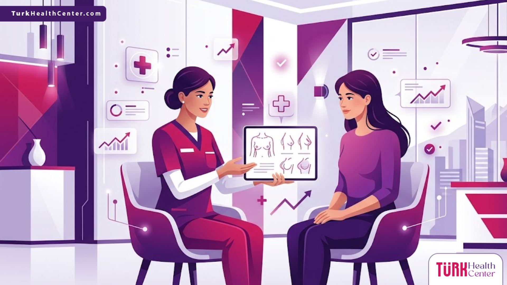 رسم توضيحي يظهر طبيب يشرح تفاصيل تكلفة جراحة الثدي في تركيا لمريضة في عيادة فاخرة 