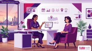 رسم توضيحي يظهر طبيب تجميل يشرح تفاصيل تكبير الأرداف في تركيا لمريضة في عيادة فاخرة 