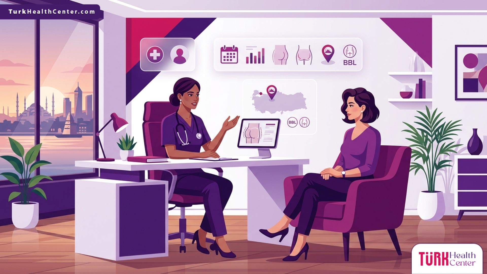 رسم توضيحي يظهر طبيب تجميل يشرح تفاصيل تكبير الأرداف في تركيا لمريضة في عيادة فاخرة 