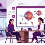 رسم توضيحي عالي الجودة يظهر طبيب عيون يشرح تفاصيل تكلفة استبدال العدسة الانكساري في تركيا لمريض داخل عيادة حديثة 