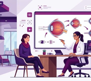 رسم توضيحي عالي الجودة يظهر طبيب عيون يشرح تفاصيل تكلفة استبدال العدسة الانكساري في تركيا لمريض داخل عيادة حديثة 