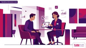 رسم توضيحي لعيادة طبية حديثة يشرح طبيب للمريض تفاصيل حول تكلفة الفيمتو سمايل في تركيا 