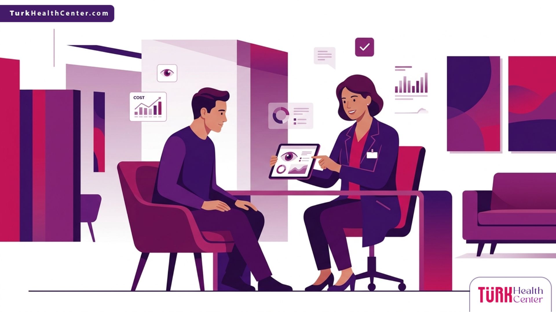 رسم توضيحي لعيادة طبية حديثة يشرح طبيب للمريض تفاصيل حول تكلفة الفيمتو سمايل في تركيا 