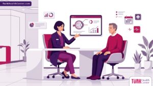 رسم توضيحي لعيادة طبية حديثة يشرح فيها الطبيب للمريض تفاصيل حول تكلفة الفيمتو ليزك في تركيا 