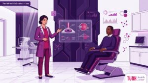 توضيح لبيئة طبية حديثة تناقش تكلفة الليزك التفصيلي في تركيا بين طبيب ومريض 