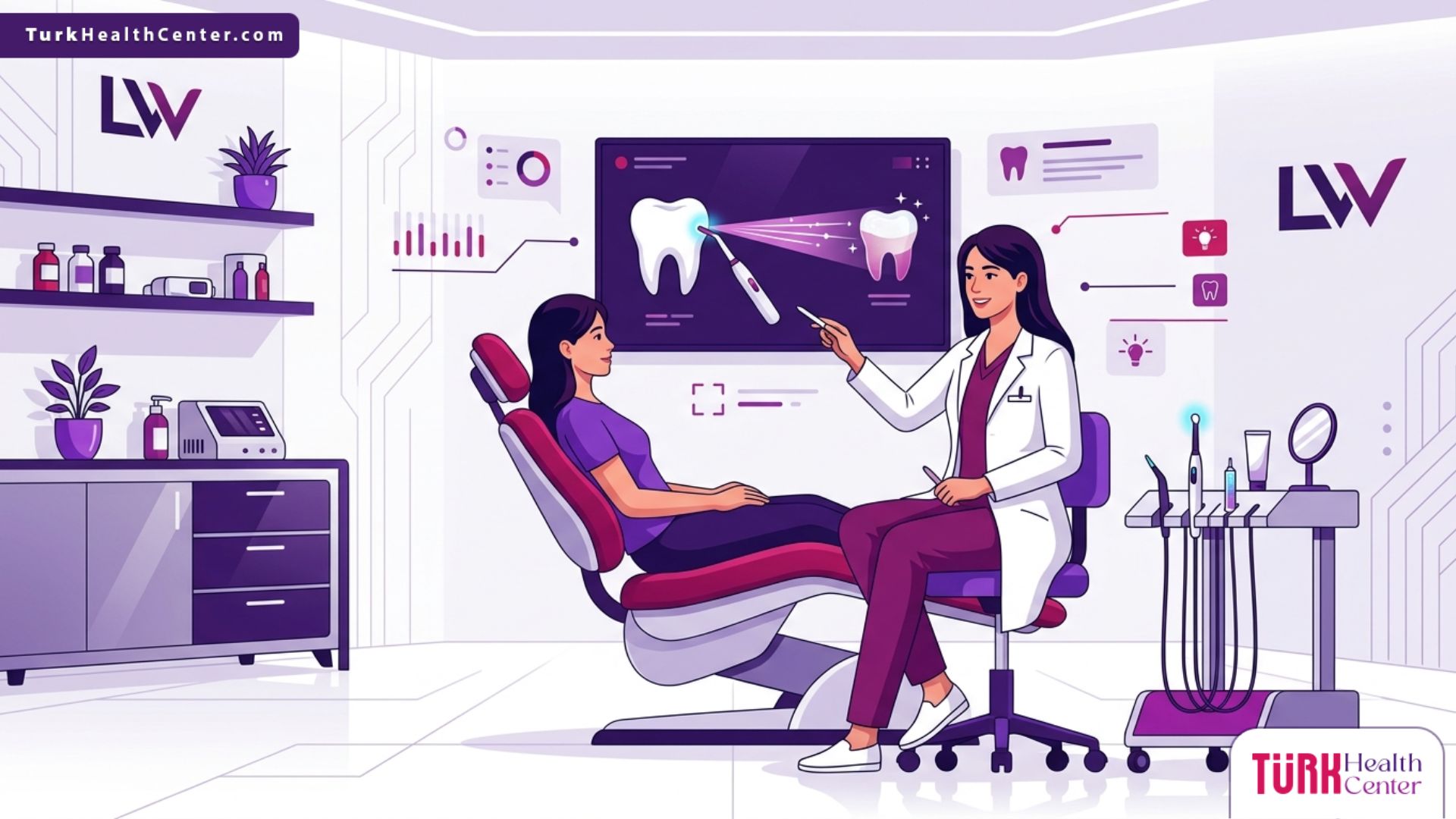 رسم فيكتور لطبيب أسنان يشرح تفاصيل تكلفة تبييض الأسنان بالليزر في تركيا لمريض داخل عيادة فاخرة 