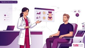 رسم توضيحي يظهر طبيباً يشرح تفاصيل تكلفة تحليل الدهون بالليزر لمريض داخل عيادة طبية فاخرة 