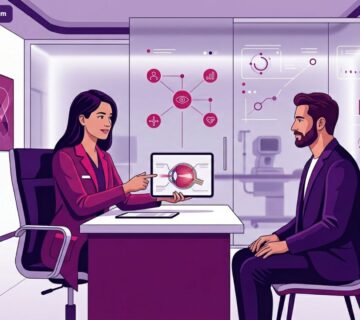 رسم توضيحي حديث لطبيب يشرح للمريض تفاصيل تكلفة تصحيح الاستجماتيزم بالليزر في تركيا داخل عيادة متطورة 