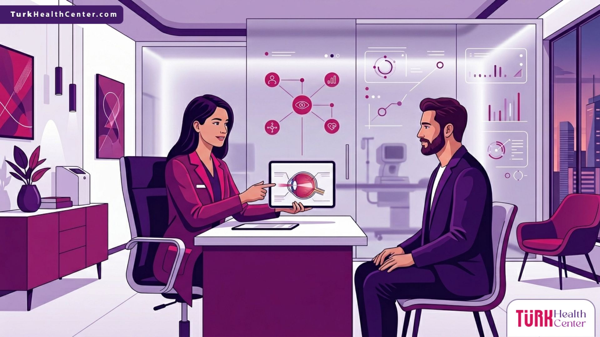 رسم توضيحي حديث لطبيب يشرح للمريض تفاصيل تكلفة تصحيح الاستجماتيزم بالليزر في تركيا داخل عيادة متطورة