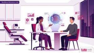 رسم توضيحي يظهر طبيب عيون يشرح تفاصيل تكلفة تصحيح تحدب القرنية في تركيا لمريض داخل عيادة حديثة 