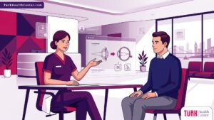 رسم توضيحي طبي عالي الجودة لطبيب يشرح تفاصيل تكلفة تصحيح طول النظر في تركيا لمريض داخل عيادة عيون حديثة ومجهزة 