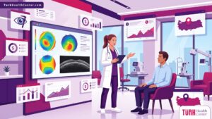 رسم توضيحي يظهر طبيب عيون يشرح تفاصيل تكلفة تصوير القرنية في تركيا للمريض داخل عيادة حديثة 