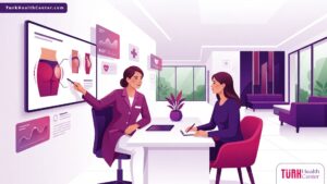 رسم توضيحي متقدم لطبيب يشرح تفاصيل تكلفة تكبير الأرداف في تركيا لمريضة داخل عيادة طبية فاخرة 
