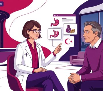 رسم توضيحي متقدم لطبيب يشرح تفاصيل تكلفة تكميم المعدة في تركيا لمريض داخل عيادة طبية حديثة 