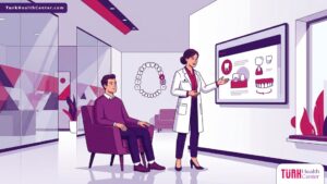 رسم توضيحي متقدم لطبيب يشرح تفاصيل تكلفة تيجان الزيركون في تركيا لمريض داخل عيادة أسنان فاخرة 