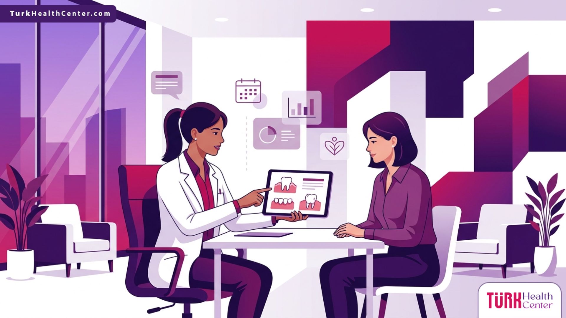 رسم توضيحي يظهر طبيباً يشرح تفاصيل تكلفة جراحة اللثة التجميلية في تركيا للمريض داخل عيادة فاخرة 