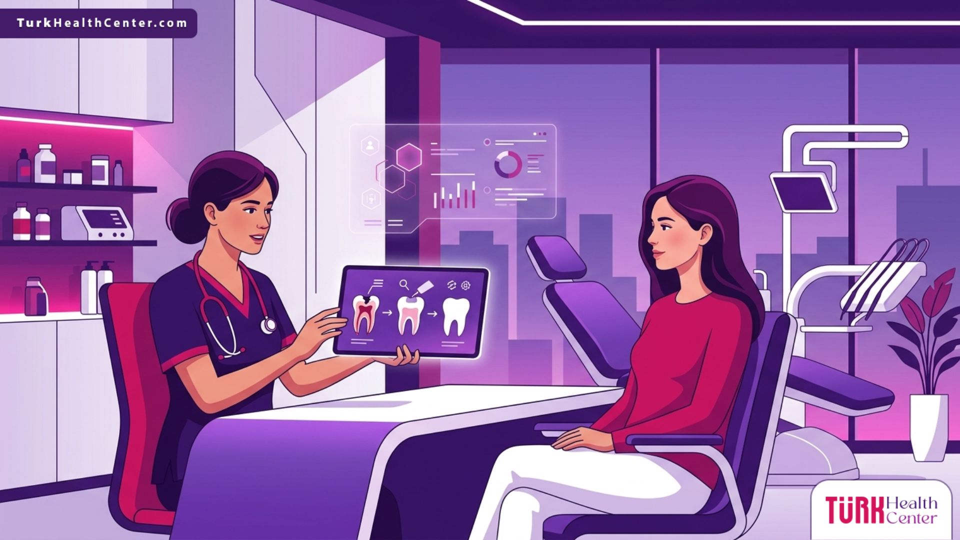 رسم توضيحي لعيادة طبية فاخرة يشرح فيها الطبيب تفاصيل تكلفة حشوات الأسنان في تركيا للمريض 