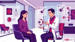 رسم توضيحي يظهر طبيب عيون يشرح للمريض تفاصيل تكلفة حقن لوسينتس (Lucentis) للعين في عيادة حديثة 