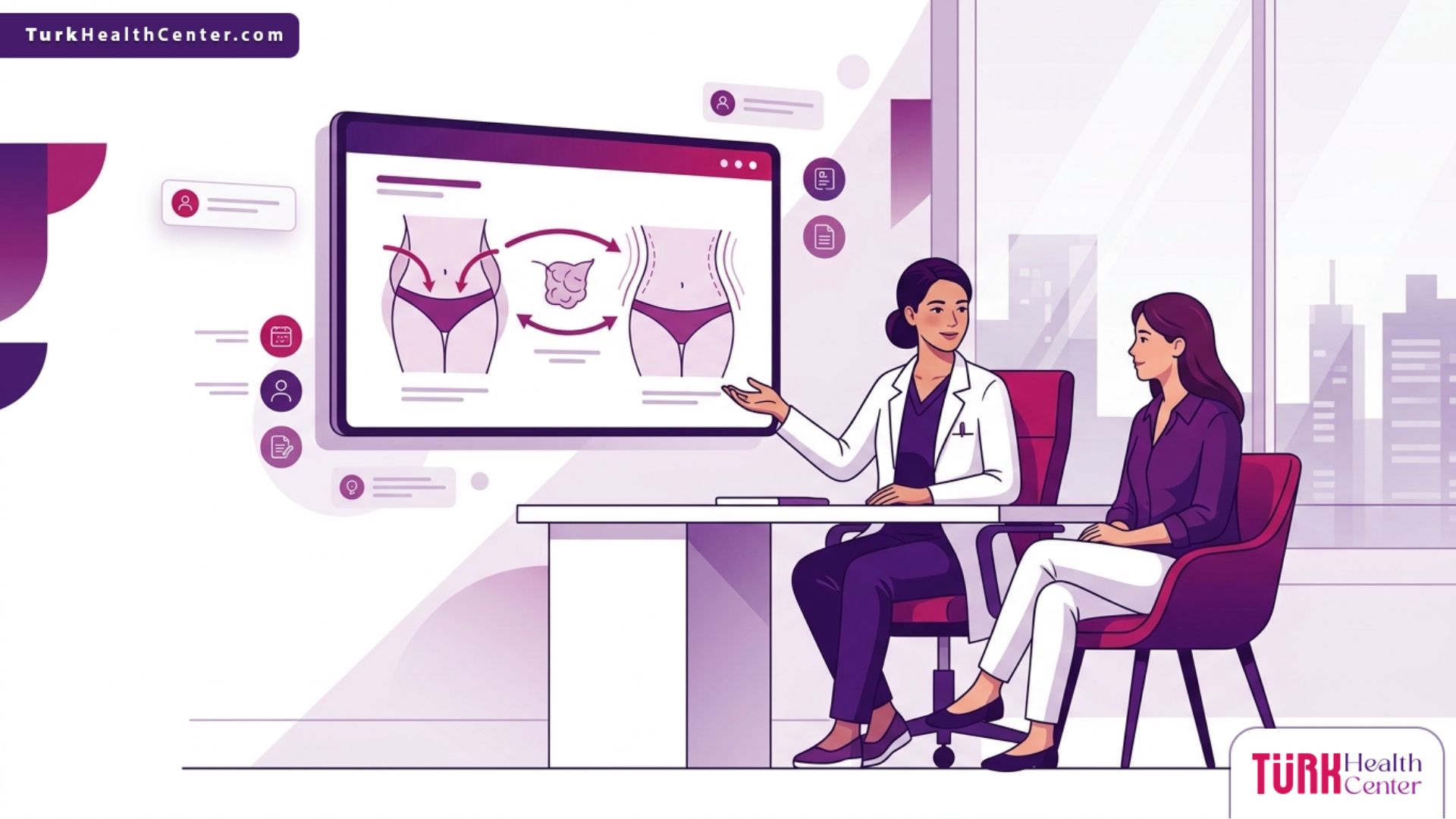 طبيب يشرح للمريضة تفاصيل تكلفة رفع المؤخرة BBL في تركيا داخل عيادة تجميل فاخرة 