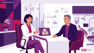 رسم توضيحي لعيادة حديثة تشرح تفاصيل تكلفة زراعة الأسنان في تركيا للمريض