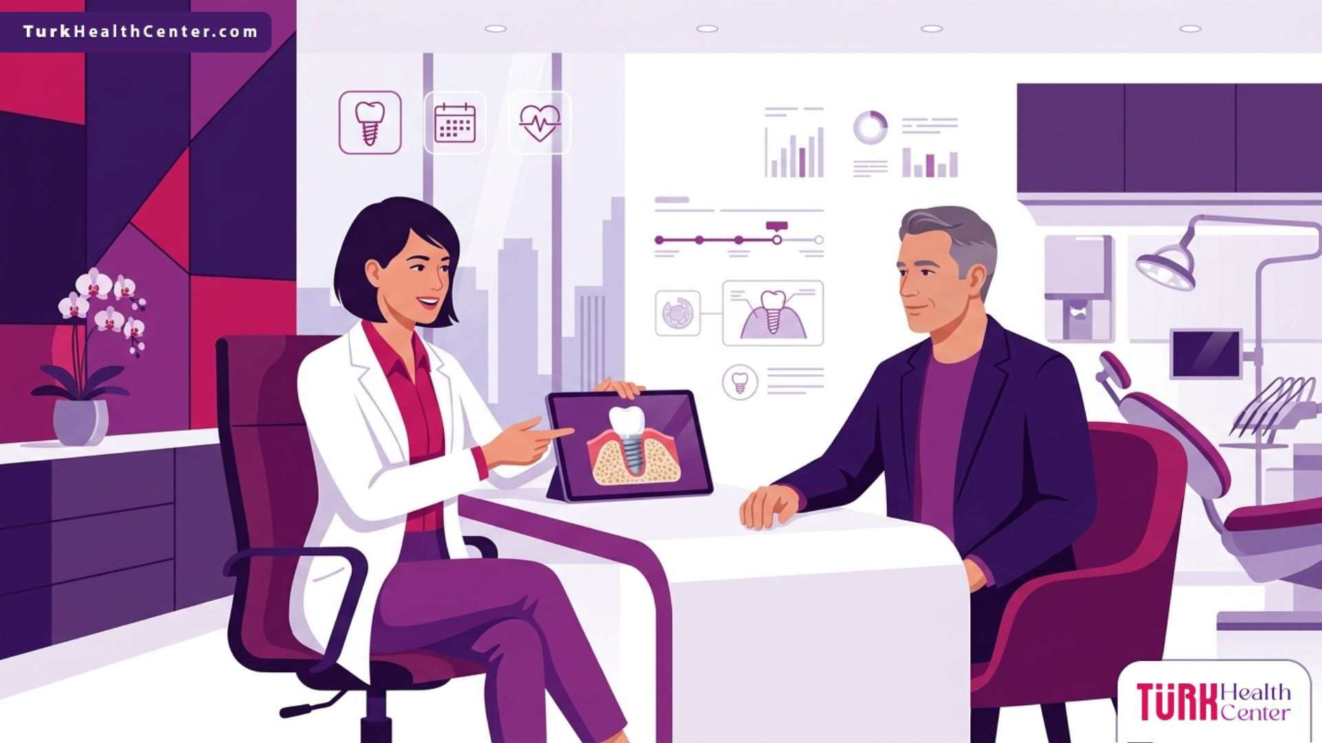رسم توضيحي لعيادة حديثة تشرح تفاصيل تكلفة زراعة الأسنان في تركيا للمريض